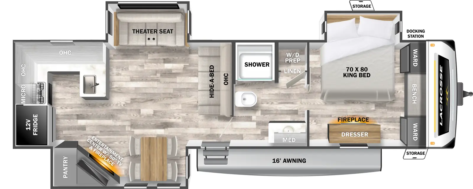 The LaCrosse 3411RK has one entry and three slide outs. Exterior features include: fiberglass exterior and 16' awning. Interiors features include: rear kitchen, free-standing dinette option, front bedroom and pass through bathroom.